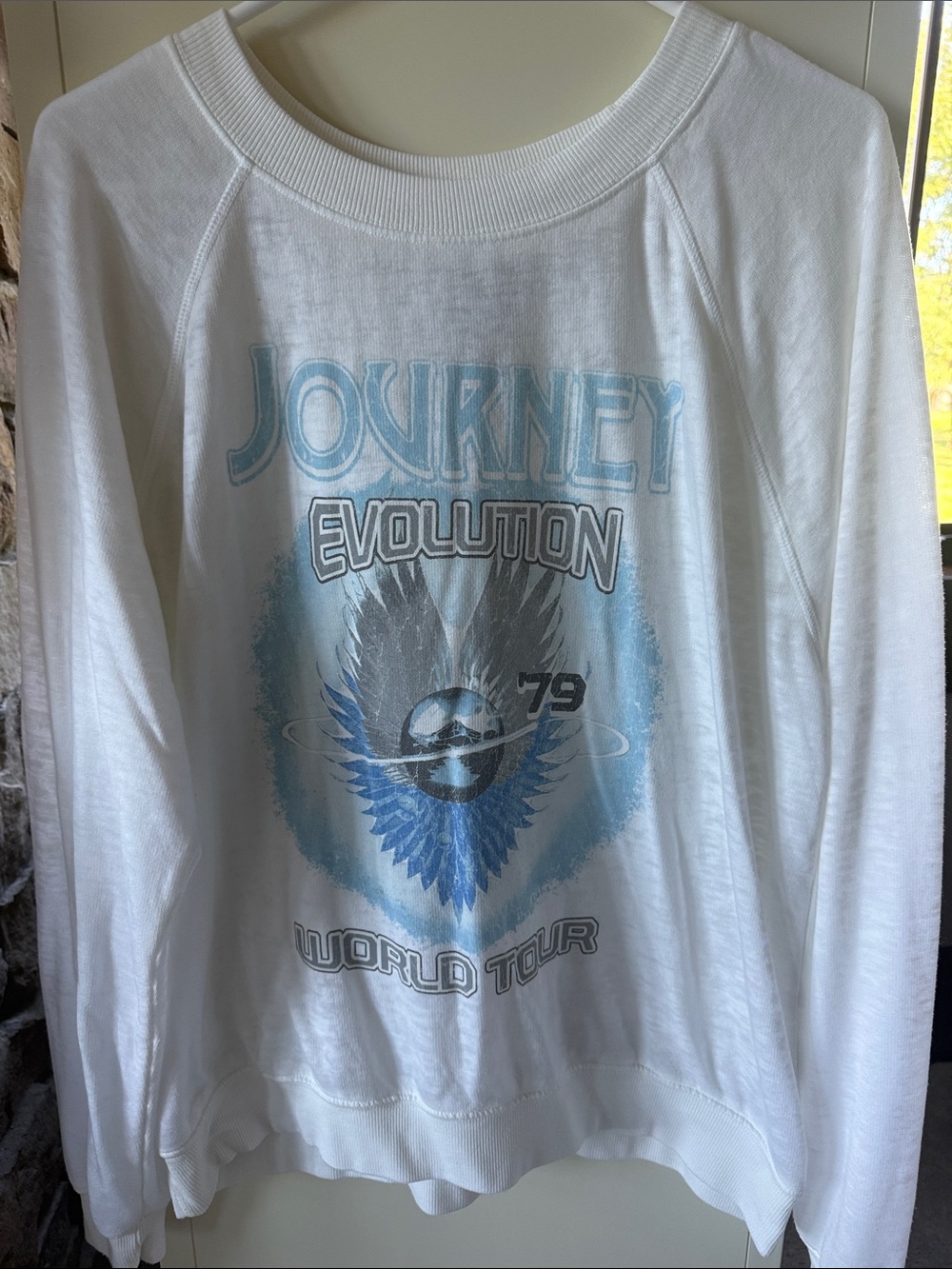 Recycled Karma White Pullover with Blue Graphic 'Journey Evolution'